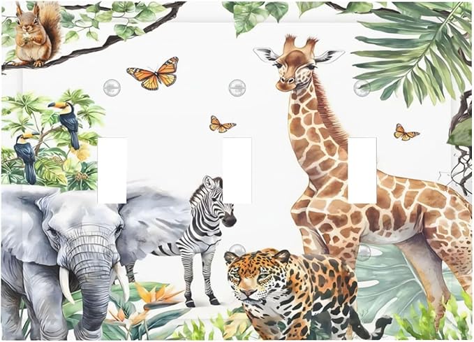 Elephant Giraffe Jungle Animals Leopard Zoo Decorative Switch Plates 3 Gang Wall Plate Triple Toggle Light Switch Cover Faceplate Electrical Wall Panels for Kids Room Nursery Decor