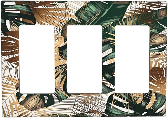 Green Tropical Leaves Gold Palm Leaf Botanical 3 Gang Rocker Light Switch Covers Decorative Unique Triple Outlet Wall Plate Cover Faceplate Decorative Switchplate GFCI for Kitchen Bedroom Bathroom