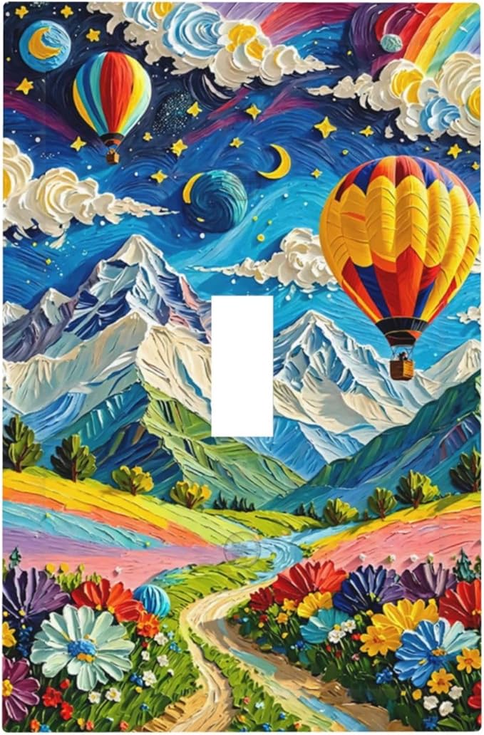 Hot Air Balloons Floral Vibrant Colors Flowers Mountains Stars Moon Decorative Light Switch Cover 1 Gang Single Toggle Device Electrical Faceplate Switchplates Decorator Outlet Wall Plate for Bedroom