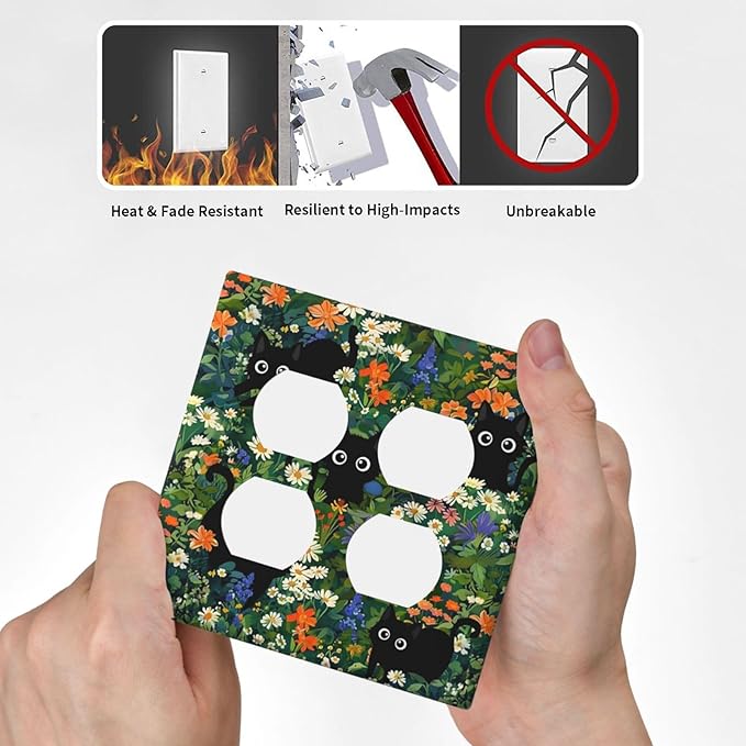 Funny Cute Animal Black Pet Cat Paw 2-Gang Device Duplex Wall Plate, Kid Boy Kitten Green Floral Daisy Flower Decorative Two Gang Double Duplex Receptacle Socket Outlet and Light Switch Cover Plate