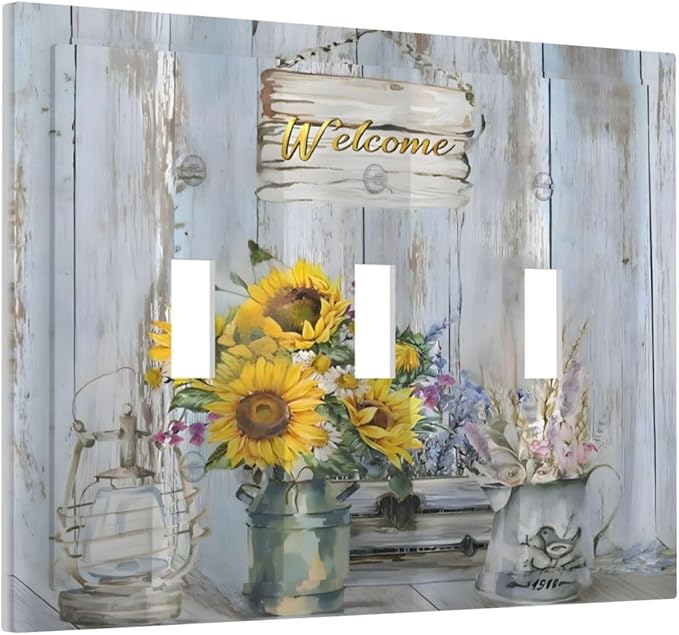 Rustic Sunflower Floral Vintage Wood Board Decorative Switch Plates 3 Gang Wall Plate Triple Toggle Light Switch Cover Faceplate Electrical Wall Panels for Farmhouse Home Decor