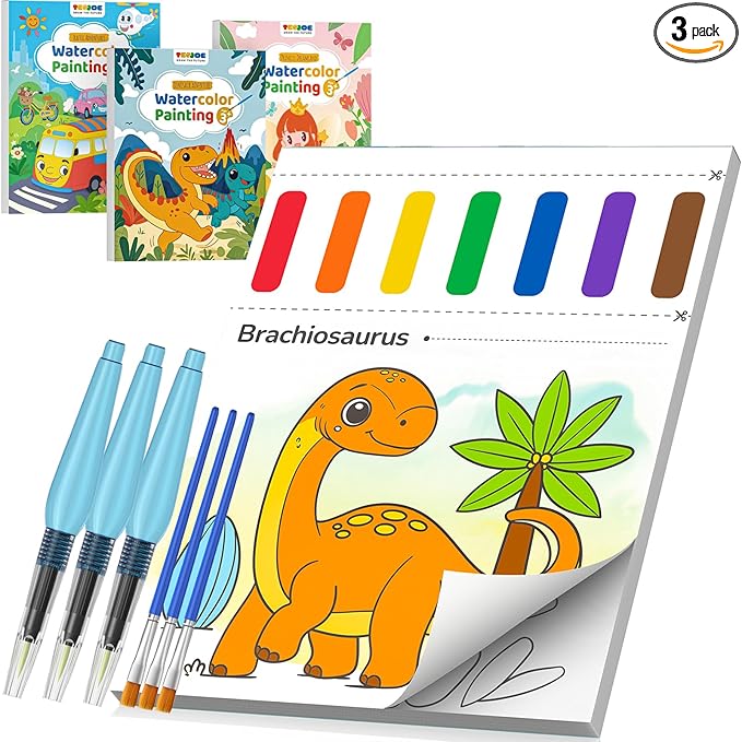 TECJOE 3 Pack Paint with Water Coloring Books for Toddlers, Mess Free Watercolor Painting Set with 6 Brushes, Travel Art Craft Toys Birthday Gifts for Kids Ages 3-8, Traffic, Princess & Dinosaur