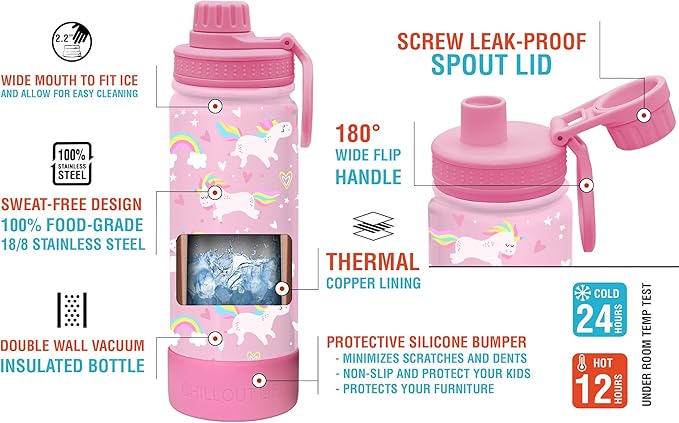 CHILLOUT LIFE 17 oz Kids Insulated Water Bottle for School with Leakproof Spout Lid and Cute Waterproof Stickers, Personalized Stainless Steel Thermos Flask Metal Water Bottle, Pink Unicorn