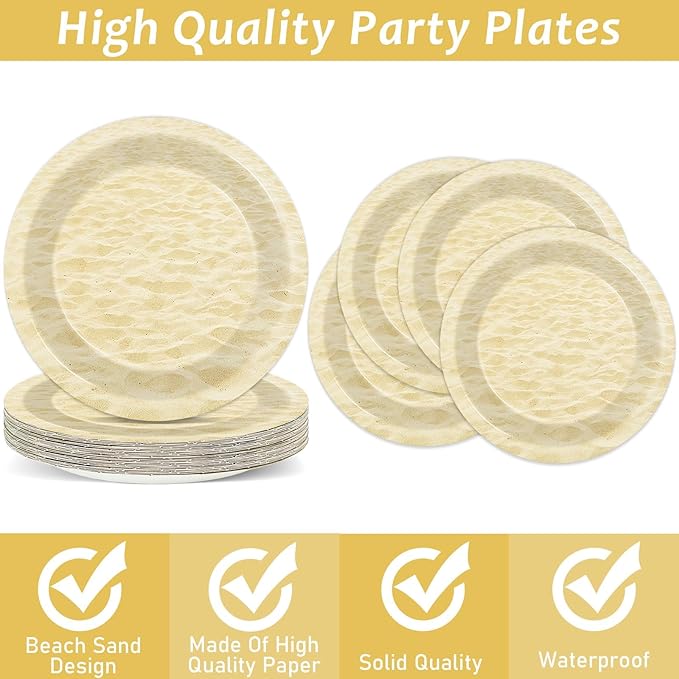 96pcs Summer Beach Party Plates and Napkins for Beach Party Supplies Beach Sand Themed Paper Dessert Plates Summer Tableware for Kids 24 Guests Hawaiian Birthday Party Decorations