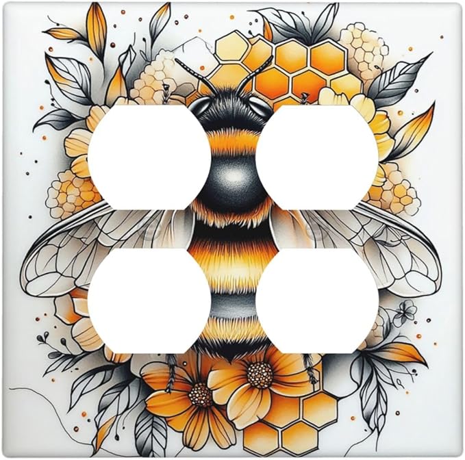Outlet Covers Bee Honeycomb Flowers Plant Leaves 2 Gang Double Duplex Decorative Light Switch Covers Electrical Wallplates Socket Faceplate For Nursery Kids Room Decor