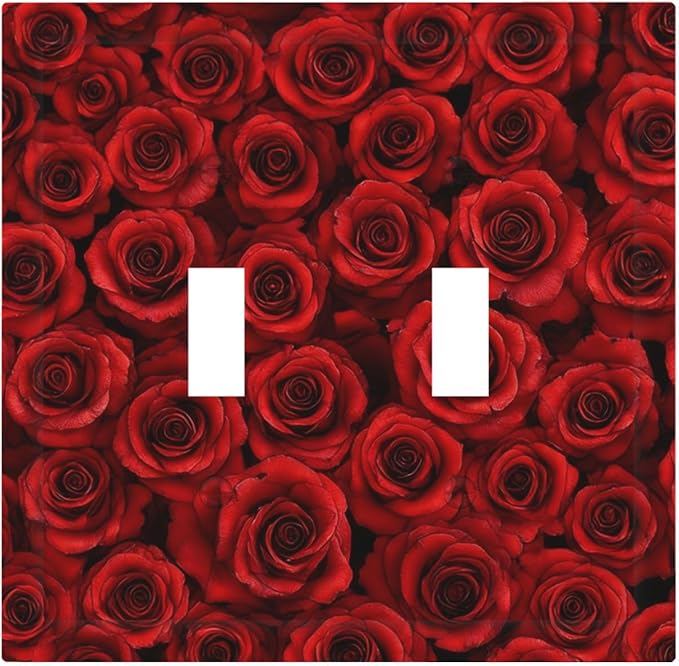 Lush Red Roses Double Toggle Switch Cover - 2-Gang Standard US Size Romantic Rose Bouquet Light Switch Covers for Bedroom Powder Room Decor