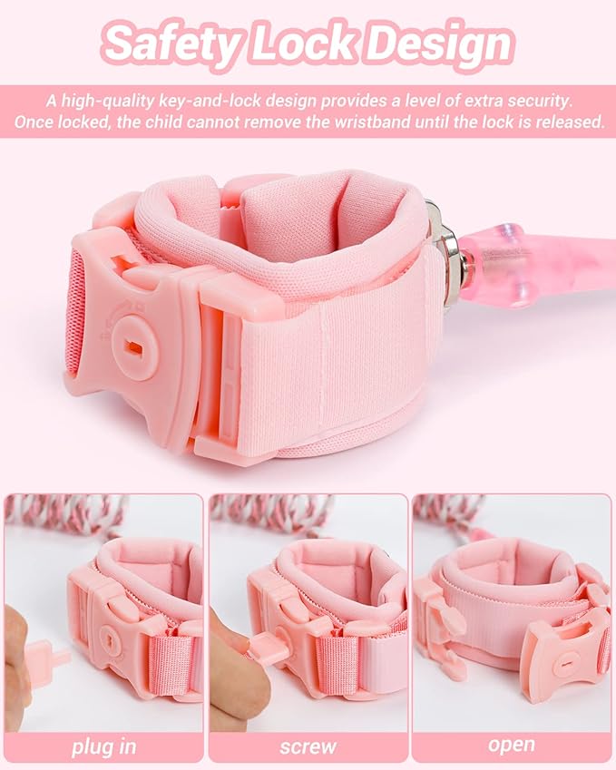 Dr.meter Anti Lost Wrist Link, 2 Pack Toddler Safety Leash with Key Lock, Reflective Child Walking Harness - Dual 8.2ft Length Pink & Blue Kids Leash for Supermarket Mall Airport Amusement Park Zoo