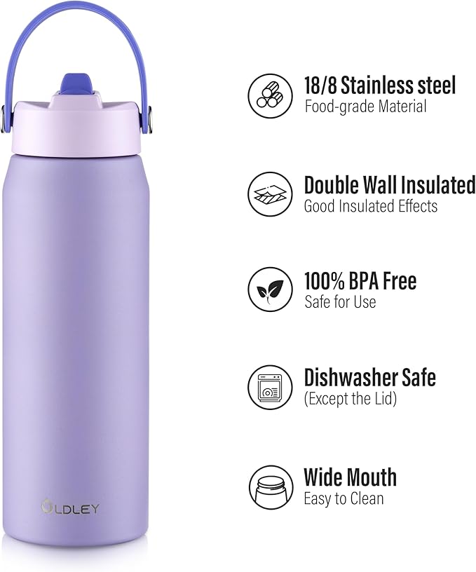 Oldley 24oz Insulated Water Bottle with Straw, Stainless Steel Water Bottle for Sports, Travel, School, BPA-Free Sports Bottles for Adult Kids, Leak-Proof, Purple
