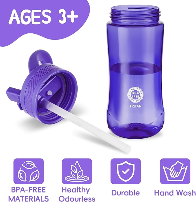 Kids Water Bottle, Dustproof Leakproof Cover, BPA Free Tritan Water Bottle Kids With Volume Markings Drinking 14oz Clear Water Bottle Unique Cat Paw Print Bottom Toddlers, School, Outdoor（Dark Purple）