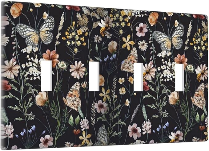 Vintage Flower Leaves Quad Toggle Wall Plates Decorative Butterfly 4 Gang Light Switch Cover Dark Backgrounds Electrical Switchplate Faceplate Butterfly Dimmer Decor for Bedroom Kitchen Bathroom