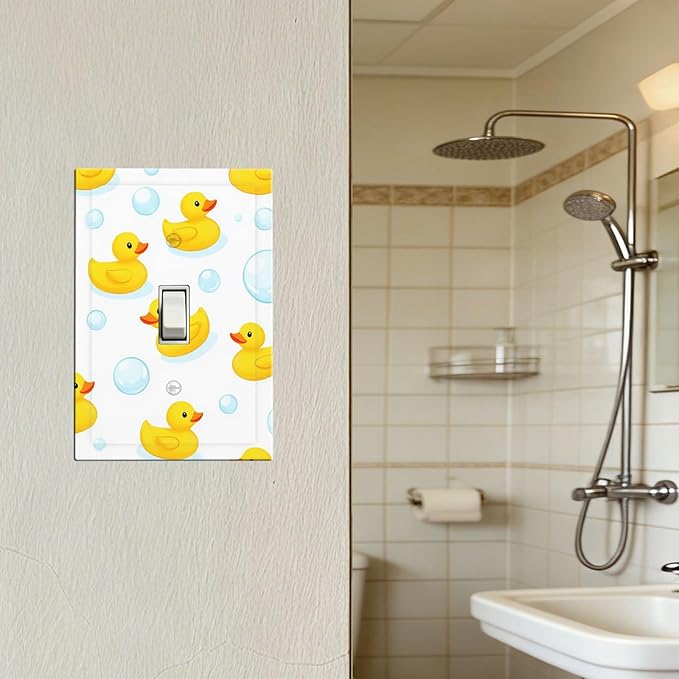 Cute Rubber Ducks & Bubbles Bath Time 1-Gang Toggle Light Switch Plate, Bathroom Funny Duck Decorative Wall Plate for Boys & Girls Bathroom