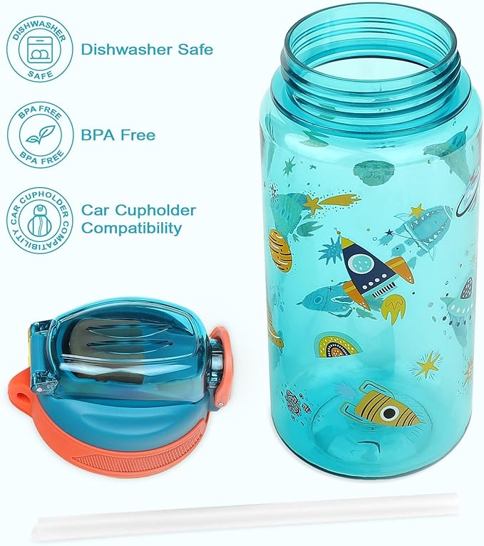 Kids Water Bottle for School or Travel, 20 Oz Durable Plastic Water Bottle with Silicone Straw and Pop-Up Spout Cover, BPA Free & Dishwasher Safe(Rocket)