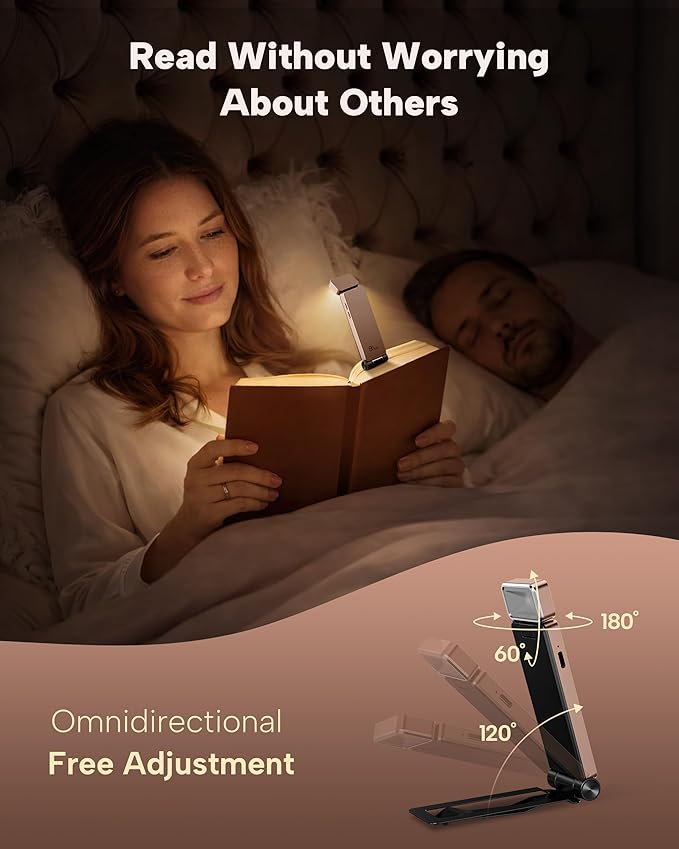 86lux Book Light, Rechargeable Clip-On LED Reading Light for Bed & Night Use - 3 Color Temperatures with Stepless Dimming, Ultralight Bookmark Design for Kids, Book Lovers, Pink Brown