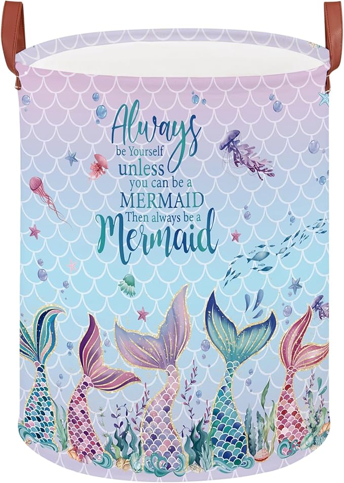 Mermaid Room Decor Kids Laundry Basket,Pink Ocean Baby Girls Laundry Hamper, Under The Sea Kids Clothes Hamper Storage Box, Cute Beach Towel Pool Toy Bin (Mermaid)