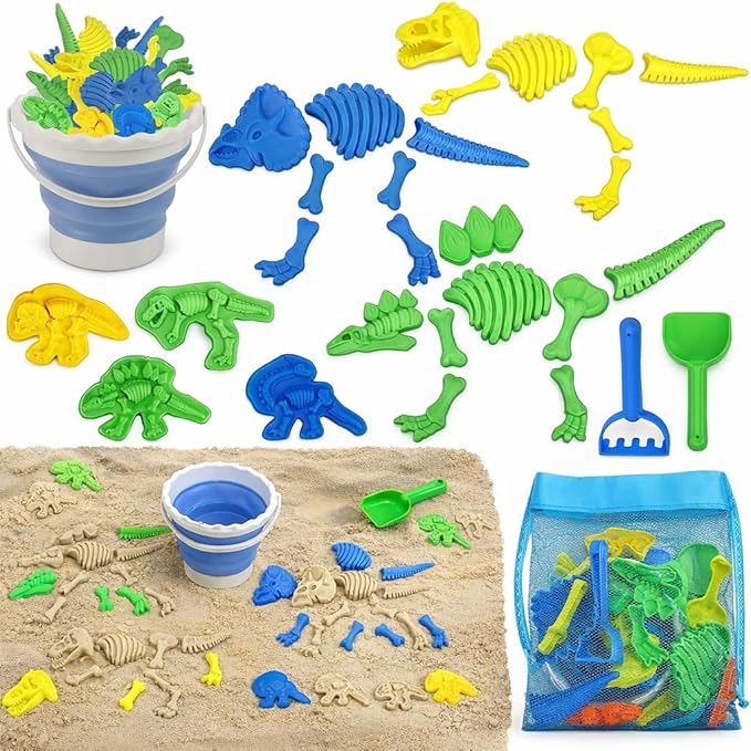 TOY Life 30 Pcs Dinosaur Fossil Beach Toys for Kids Ages 4-8 Collapsible Sand Toys with Dinosaur Toys Silicone Bucket Shovels & Dino Digging Building Kit Molds, Sandbox Toy for Summer, Travel