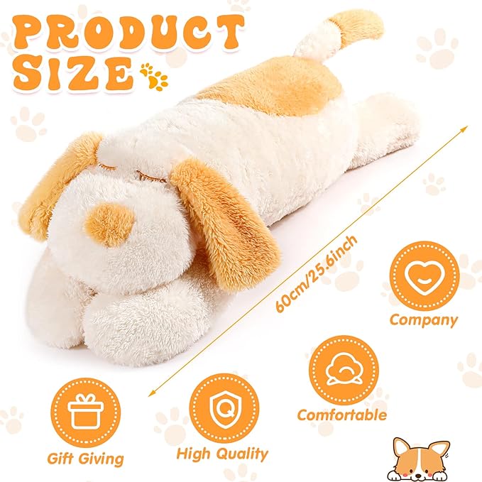 Queekay Dog Body Pillow Stuffed Animals Plush Long Body Pillow for Dogs Large Sleeping Hugging Puppy Cushion Gift for Birthday Party(23.6 Inch,Beige)