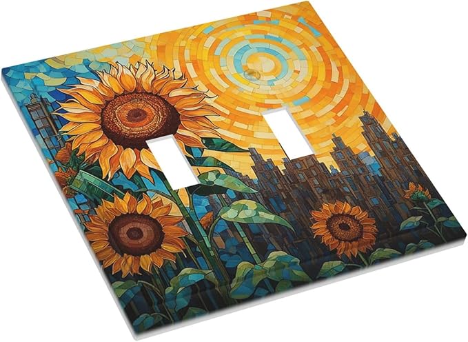 Abstract Sunflower Graffiti Floral Paint Art Flower Decorative Switch Plates 2 Gang Double Toggle Wall Plate Electrical Faceplate Outlet Light Switch Cover for Bedroom Living Room Decor