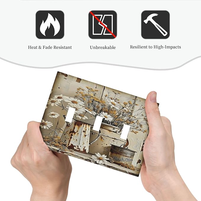 Rustic Flowers Daisy Floral White Wooden Planks Decorative Switch Plates 3 Gang Wall Plate Triple Toggle Light Switch Cover Faceplate Electrical Wall Panels for Farmhouse Home Decor