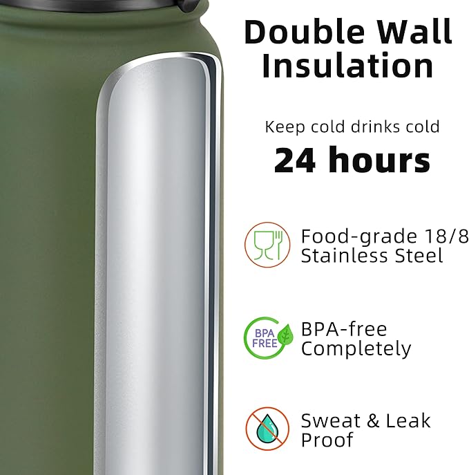 Fanhaw 20 oz Insulated Stainless Steel Water Bottle with Straw Lid, Leakproof & Anti-Dust Sports Bottle for Kids, Women & Men (Olive Green)