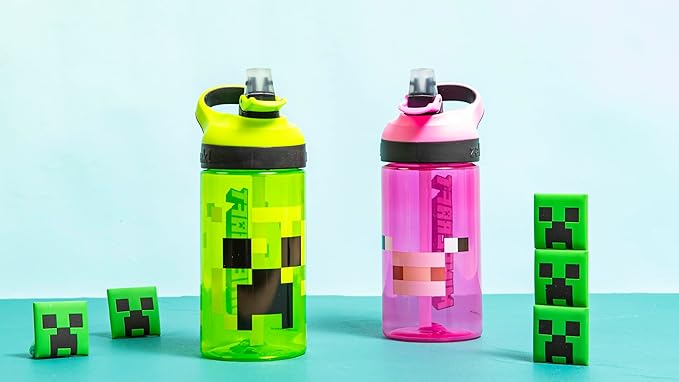 Zak Designs Minecraft Kids Water Bottle with Straw and Built in Carrying Loop Set, Made of Plastic, Leak-Proof Water Bottle Designs (Creeper/Pig, 16 oz, 2pc Set)