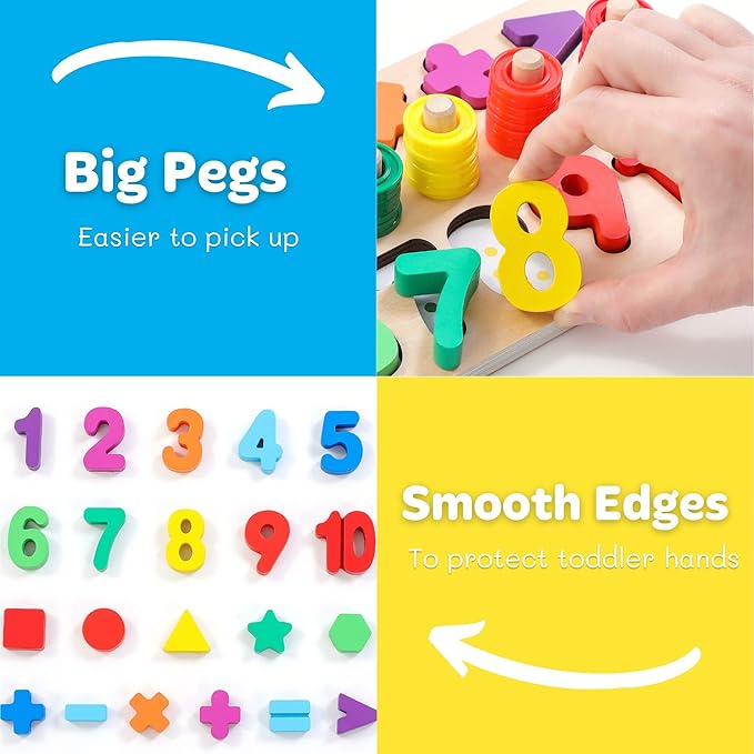 GeroCrew Wooden Montessori Toys for Kids Toddler Number Puzzles Sorter Counting Shape Stacker Stacking Game Preschool Toys for Boy Girl Learning Education Math Blocks Year Old Girl Gifts (Rainbow)