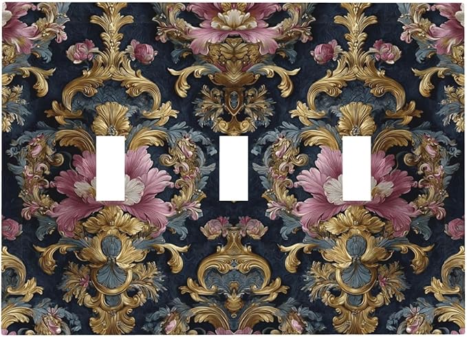 Decorative Light Switch Cover Plate Rococo Pink Floral Flower Gold Leaf 3 Gang Wall Plates for Electrical Outlets Triple Toggle Switch Plate Covers Outlet Covers Faceplate for Home Decor