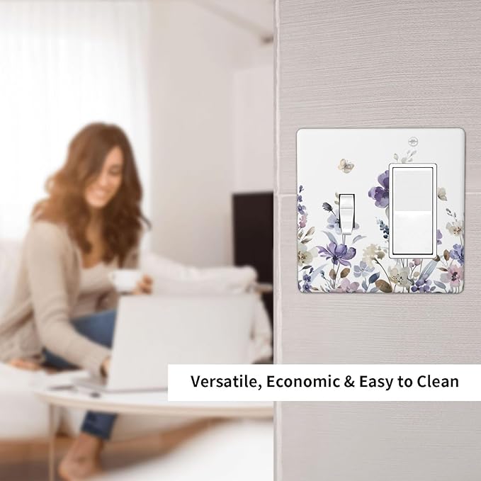 Purple Watercolor Flower Floral Butterfly Outlet Covers 1 Toggle 1 Rocker Combination Decorative Wall Plate Electrical Switch Plates Light Switch Cover Plate for Bedroom Living Room Decor