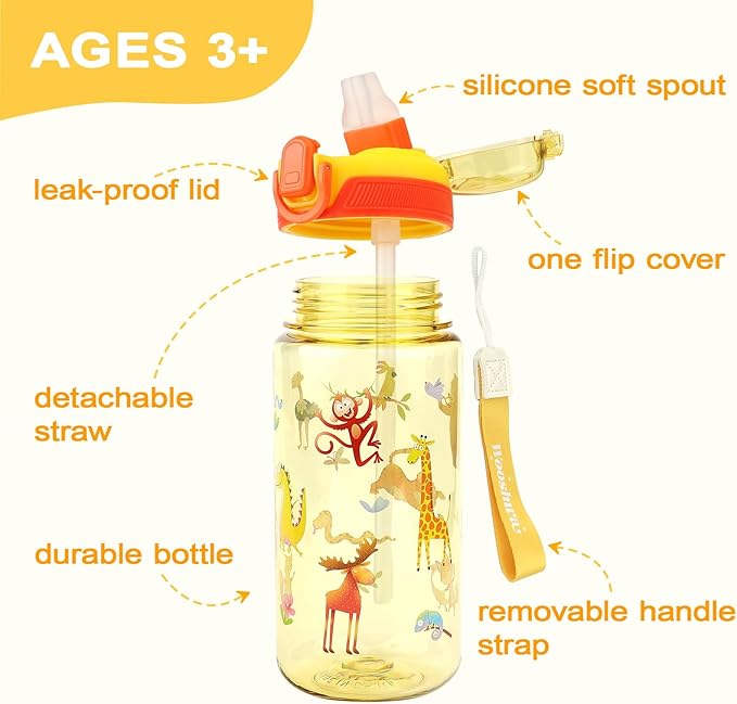 Kids Water Bottle for School or Travel, 20 Oz Durable Plastic Water Bottle with Silicone Straw and Pop-Up Spout Cover, BPA Free & Dishwasher Safe(Forest Animals)