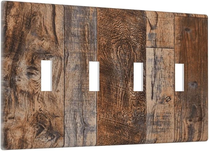 Vintage Board Rustic Brown Wood Texture Light Switch Covers Quad Toggle Electrical Faceplate 4 Gang Wall Plate Decorative Switch Plates Cover for Farmhouse Home Decor