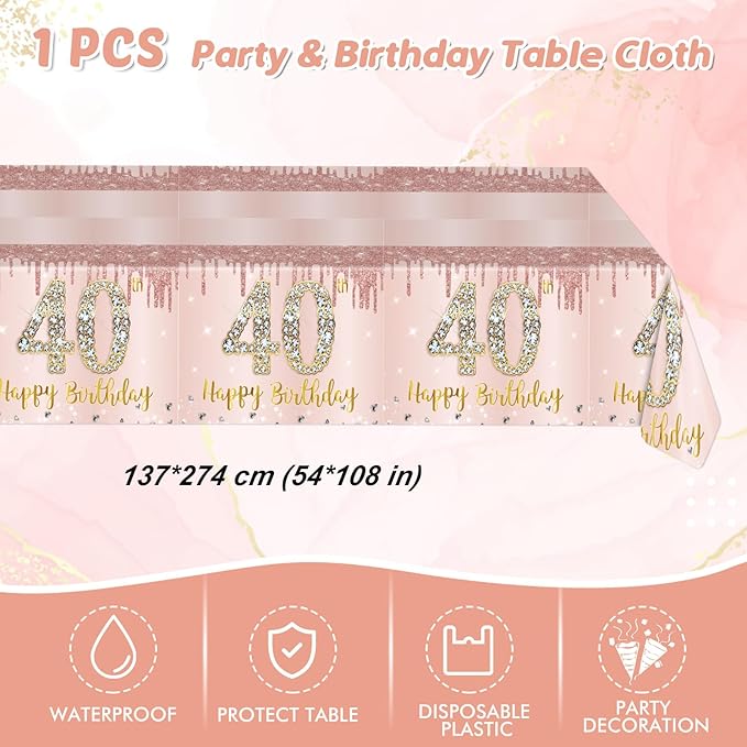 Ryzovo 41Pcs 40th Birthday Decorations, Rose Gold Birthday Party Supplies Include 20Pcs Plates 20Pcs Napkins and 1Piece Tablecloth, Sweet Forty Year Old Birth Party Tableware for Girl Ladies Women
