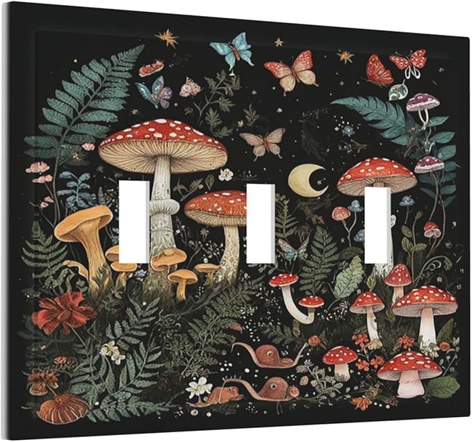 Cartoon Floral Mushroom forest Butterfly Flowers Decorative Switch Plates 3 Gang Wall Plate Faceplate Electrical Wall Panels Triple Toggle Light Switch Cover for Bedroom Kids Room Decor