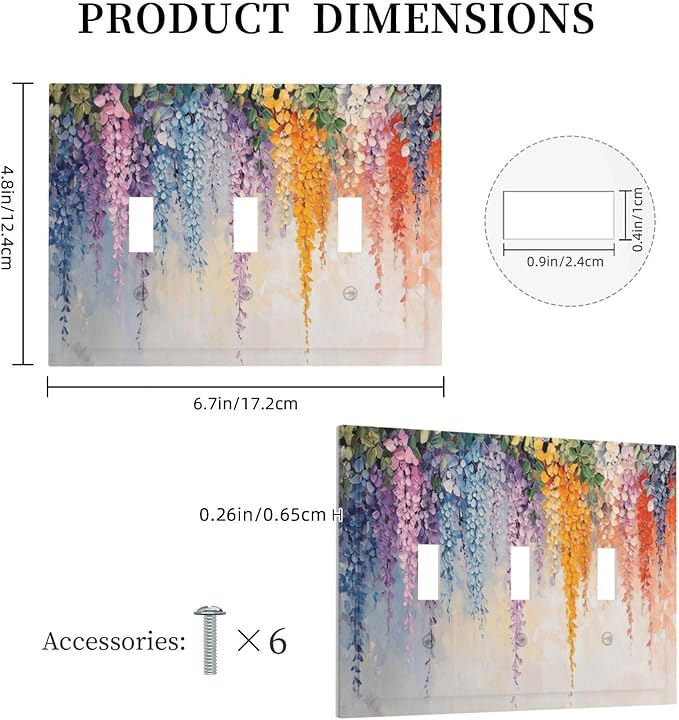 Colorful Wildflower Wisteria Cascade Floral Flower Decorative Switch Plates 3 Gang Wall Plate Triple Toggle Light Switch Cover Faceplate Electrical Wall Panels for Bedroom Living Room Decor