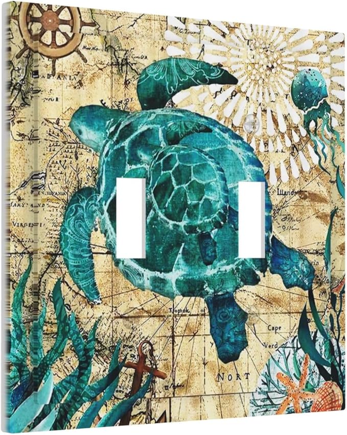 Sea Blue Turtle Beach Theme Nautical Ocean Cute Teal World Map Tortoise Coastal 2 Gang Double Toggle Outlet Light Switch Wall Plate Outlet Cover Electrical Faceplate Switchplate Kids Bedroom Decor