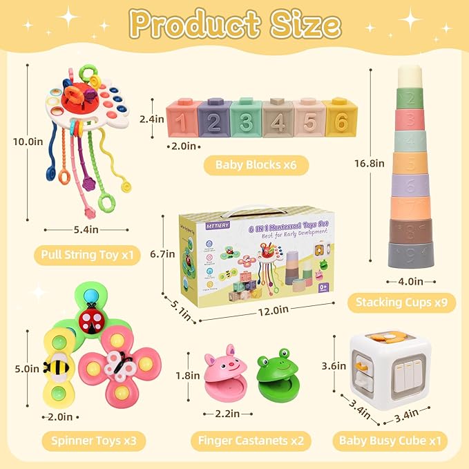 Baby Toys 6-12 Months, 6 in 1 Montessori Toys for Toddlers 1-3, Infant Sensory Pull String Toy, Fidget Spinners Soft Baby Blocks Stacking Cups, Baby Gifts for 1 Year Old