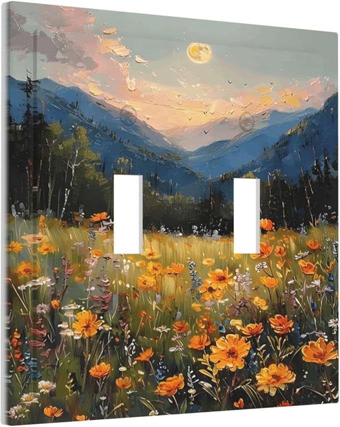 Sunset Wild Flower Field Floral Nature Landscape Decorative Switch Plates 2 Gang Double Toggle Outlet Light Switch Cover Wall Plate Electrical Faceplate for Farmhouse Bedroom Decor