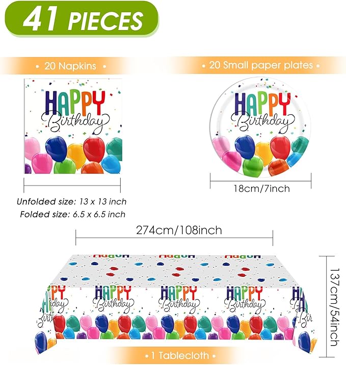 41PCS Happy Birthday Decorations Colorful Birthday Themed Decorations Includes Disposable Paper Plates and Napkins,Tablecloth for Kids' Boys Girls Baby Shower