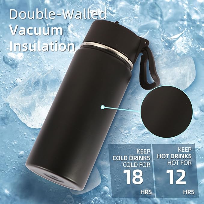Volhoply 16 OZ Kids Water Bottle Bulk 8 Pack,Insulated Sports Bottles with Straw Lid,Stainless Steel Bottle with Handle Keep Cold & Hot,Double Wall Vacuum Tumbler Cups for School,Girls(Black, 8)