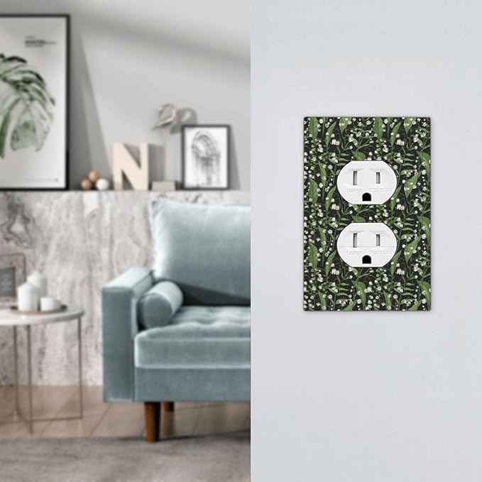 Boho Floral Green Leaves White Flowers Outlet Covers 1 Gang Duplex Light Switch Cover Decorative Switch Plates Electrical Receptacle Faceplate Wall Plate for Farmhouse Bed Room Decor