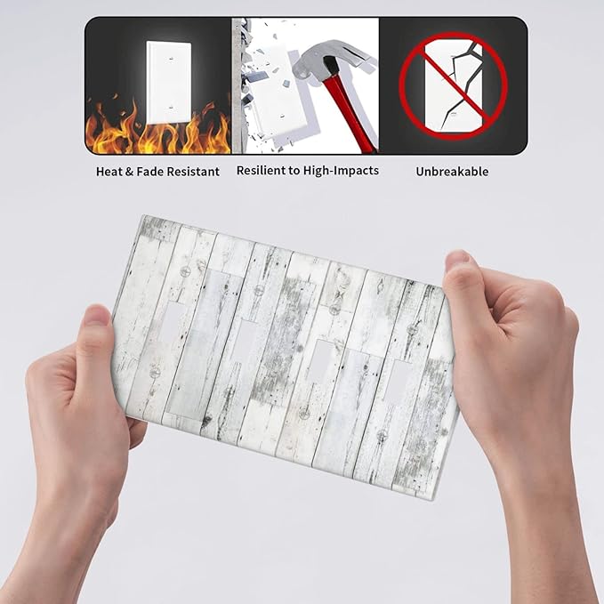 Grey White Wood 4 Gang Light Switch Cover Decorative Quad Toggle Wall Plate Decorative Electrical Faceplate for Kitchen Home Barn Farmhouse Decorate Large 8" x 4.5