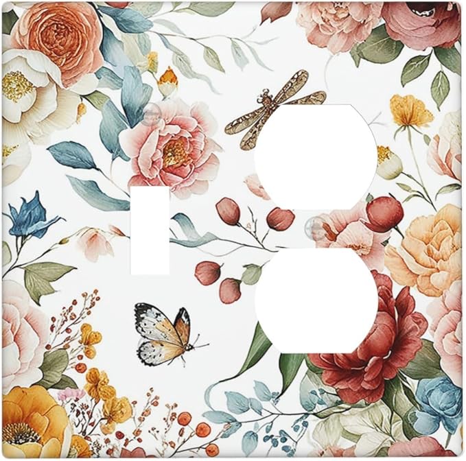 Rustic Style Colorful Peony Butterfly Dragonfly Wallplates 1 Toggle 1 Duplex Electrical Gfci Faceplate Decorative Light Switch Covers Switch Plate for Bedroom Living Room Decor