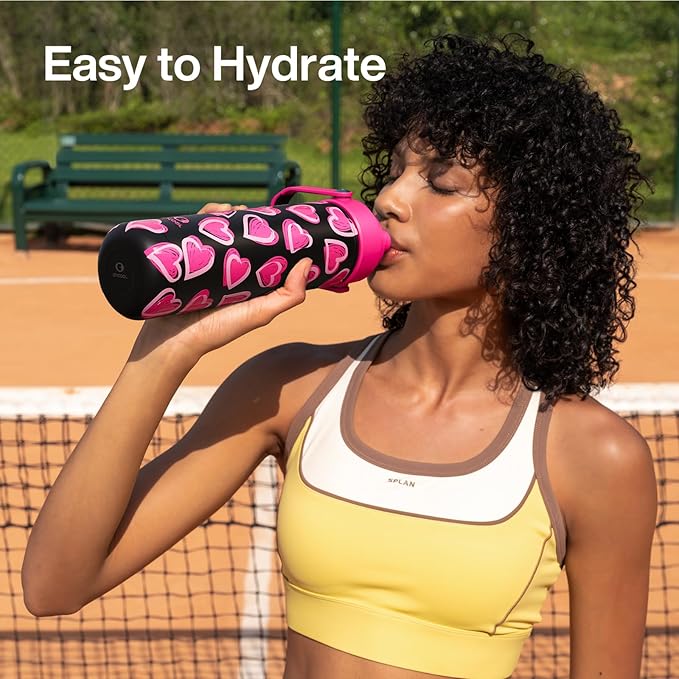 ENCOOL Valentine's Day Insulated Water Bottle with Straw Stainless Steel Water Bottle, Leak-Proof, BPA-Free, Keeps Cold for 24 Hours for Sports, Travel, School (26 oz, Sketch Hearts Pink x Black)
