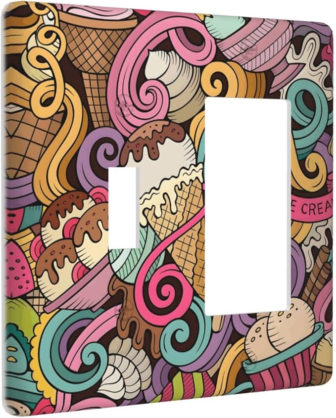 Cartoon Hand Drawn Ice Cream Doodles Colorful Print Outlet Covers 1 Toggle 1 Rocker Combination Decorative Wall Plate Electrical Switch Plates Light Switch Cover Plate for Kids Room Nursery Decor