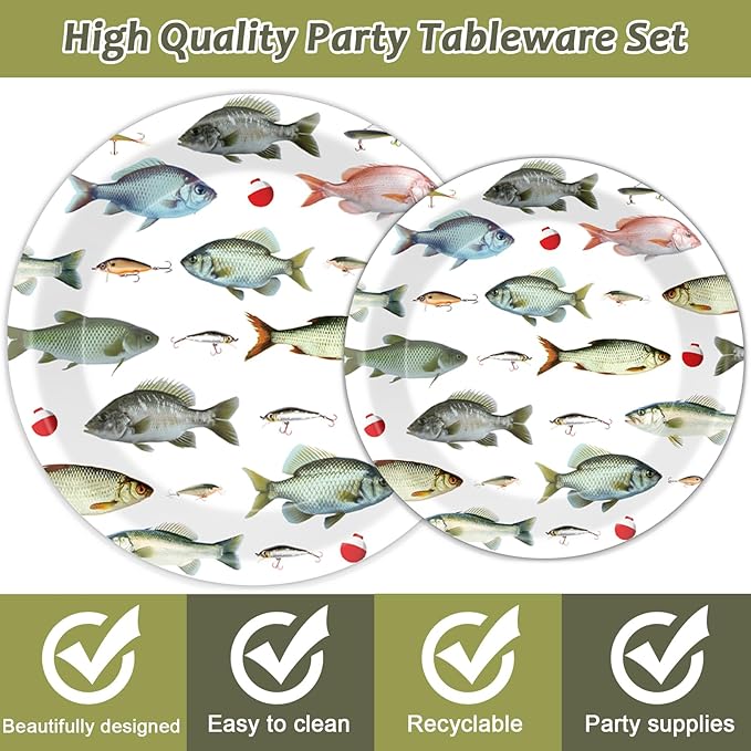 96Pcs Gone Fishing Party Plates and Napkins Fishing Themed Birthday Party Supplies for Little Fisherman Paper Dessert Plates Gone Fishing Tableware for 24 Guests for Ofishally One Party Decorations
