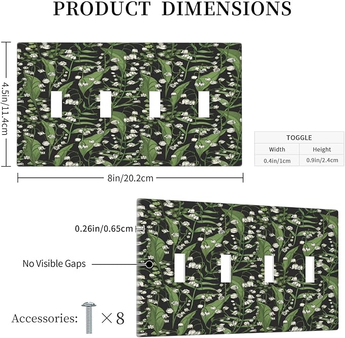 Boho Floral Green Leaves White Flowers Light Switch Covers Quad Toggle Electrical Faceplate 4 Gang Wall Plate Decorative Switch Plates for Farmhouse Bed Room Decor