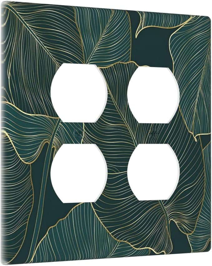 Gold Tropical Green Botanical Palm Leaves Outlet Covers 2 Gang Double Duplex Decorative Light Switch Covers Electrical Wallplates Socket Faceplate for Bedroom Living Room Decor