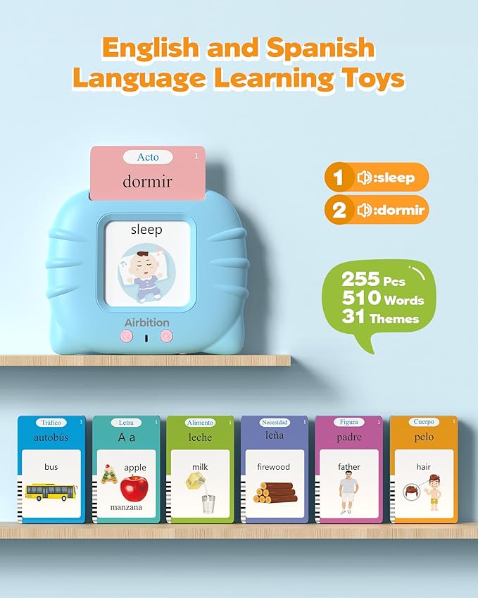 Airbition Bilingual Spanish and English Talking Flash Cards for Ages 2+, Pocket Speech Therapy Tools with 510 Words, Montessori Language Learning Aids, Children's Sensory Learning Kit