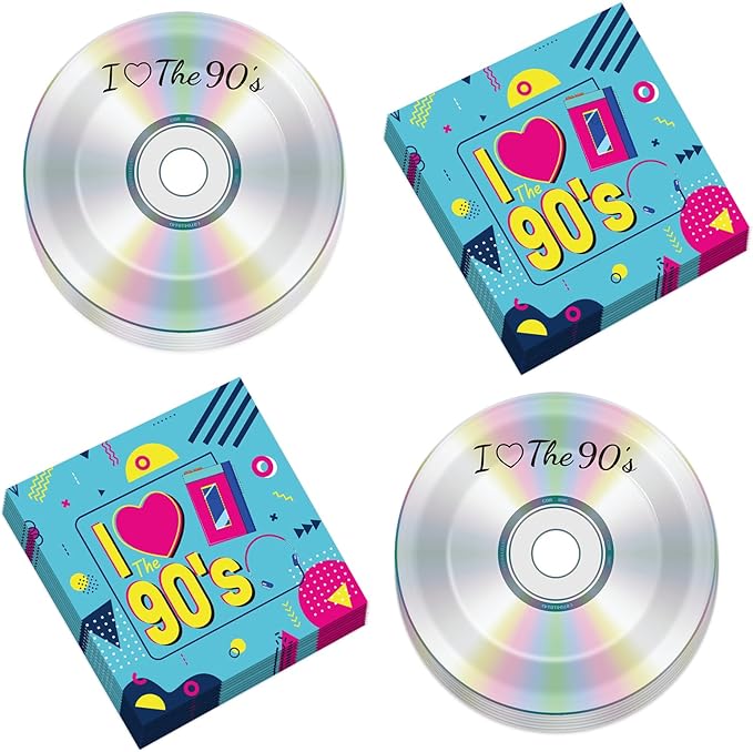 50Pcs 90's Party Paper Plates and Napkins 90's Mix CD Dessert Plates Retro 90s Theme Party Decorations I Love the 90s Tableware Set Serves 25 Guest 1990's Back to the 90 s Birthday Party Supplies