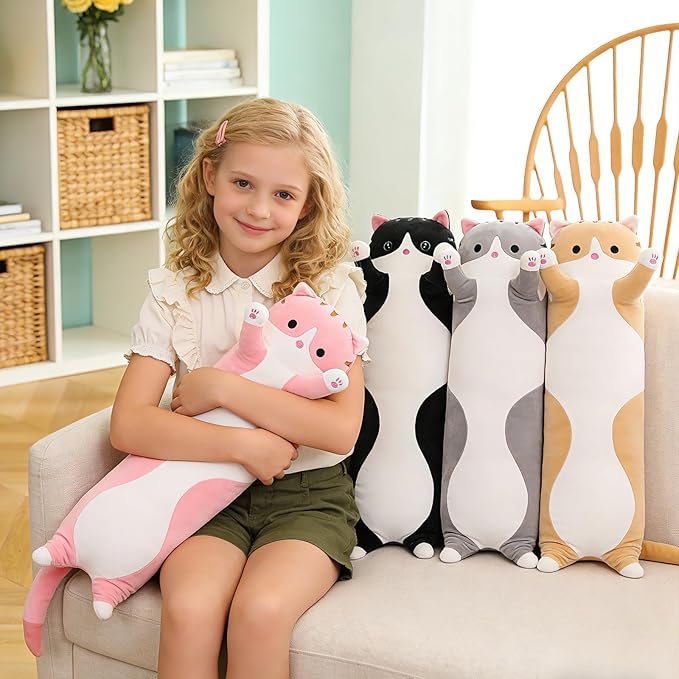 Cute Cat Plush Long Body Pillow – Soft Cartoon Stuffed Animal Doll, Kawaii Cat Plushie Cuddle Toy for Kids, Girls & Girlfriend (Pink, 27.5 Inch)