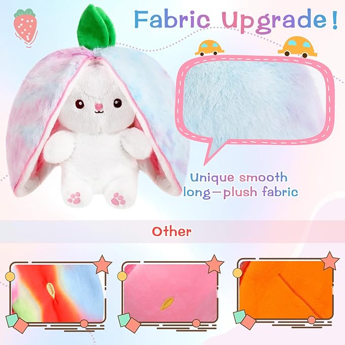 MIAODAM Rainbow Strawberry Bunny Stuffed Animal, Strawberry Bunny Plush Turn Into Rabbit Fruit Doll Pillow, Plushie Cute Bunny Toy for Kids (10 inch)