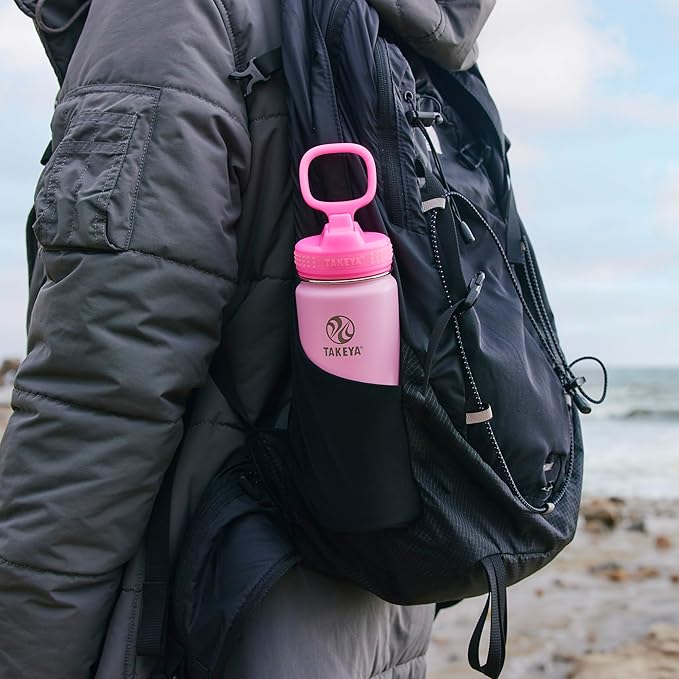 Takeya Actives Kids Water Bottle 18 oz Stainless Steel Double Wall Insulation BPA-Free Leakproof Straw Lid Easy Carry Handle Reusable Ideal for Boys and Girls, School, Sports - Summer Glow Pink